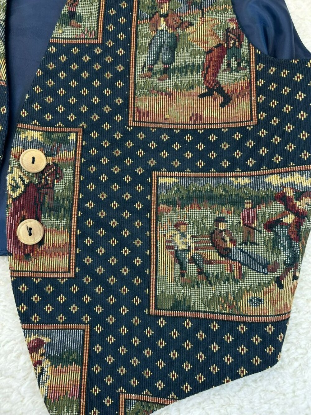 Vintage Darlyn Mens Tapestry Vest M Blue Hunting and Golf Scenes Made USA - Picture 5 of 7